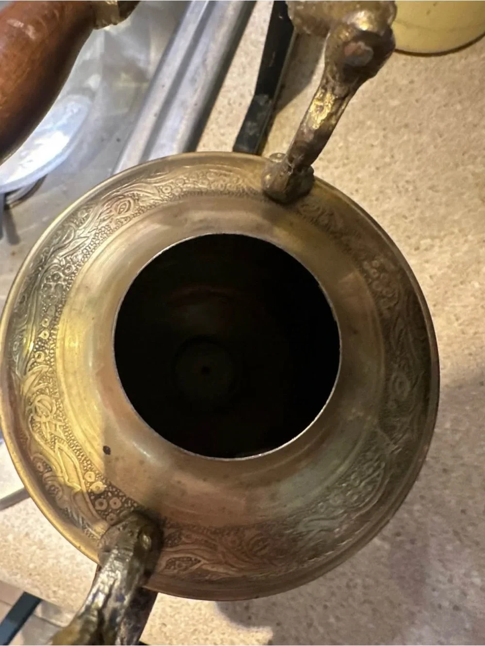 Vintage Ornate Engraved Brass Teapot Samovar Kettle with Wood Handle